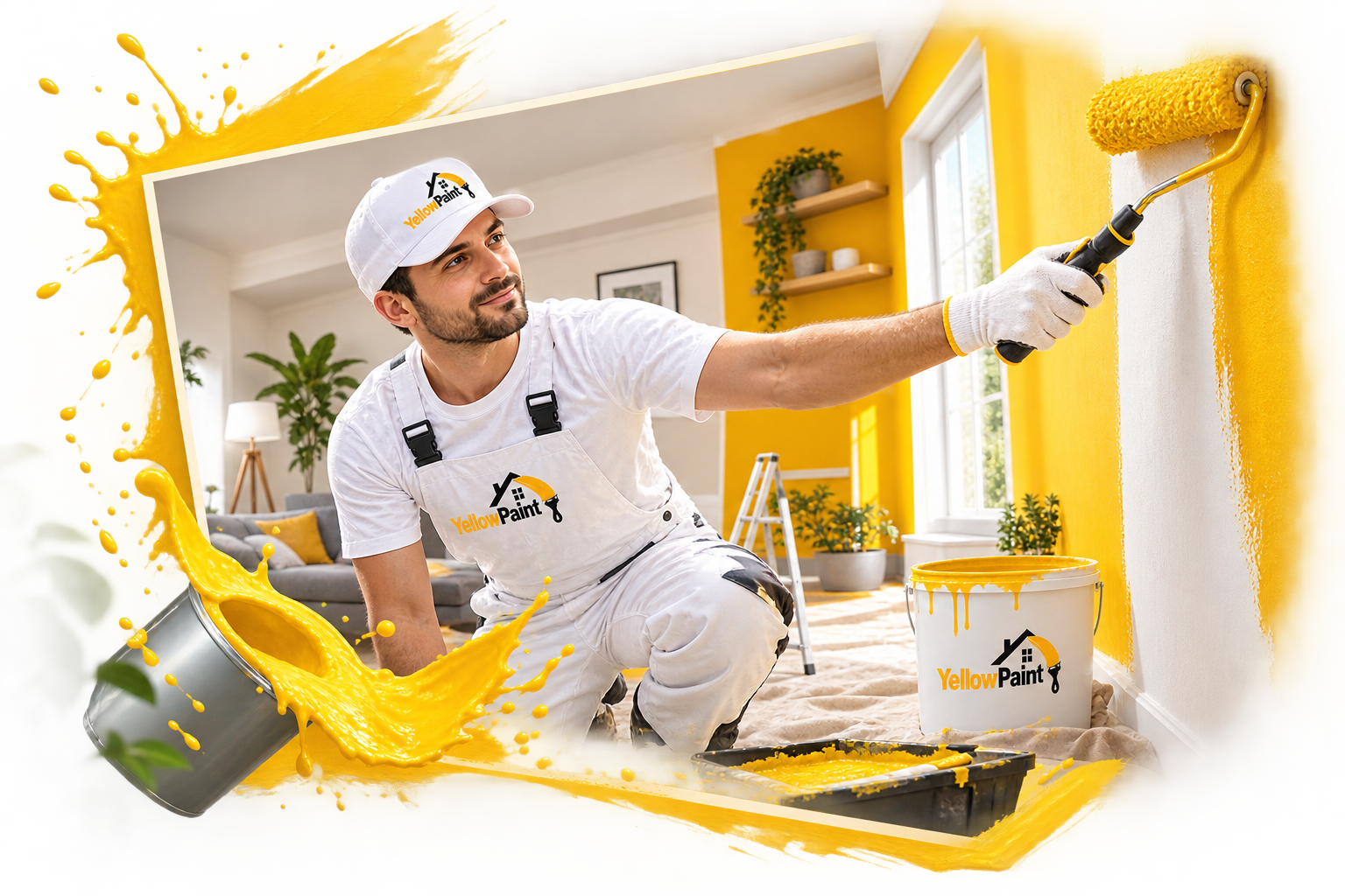 Professional interior house painting service with painter applying fresh yellow paint – Yellow Paint